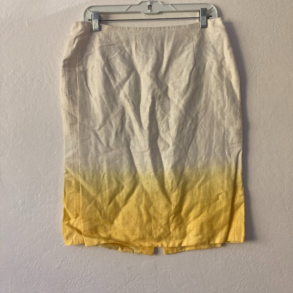 J Crew 100% Linen Pencil Skirt Yellow White Ombre Knee Length Office Summer 8